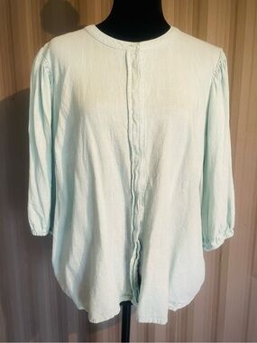 Nine West Linen Blend Boxy Mint Top 3/4 Poet Sleeve Hidden Button Blouse XXL